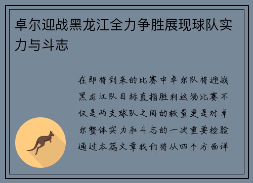 卓尔迎战黑龙江全力争胜展现球队实力与斗志